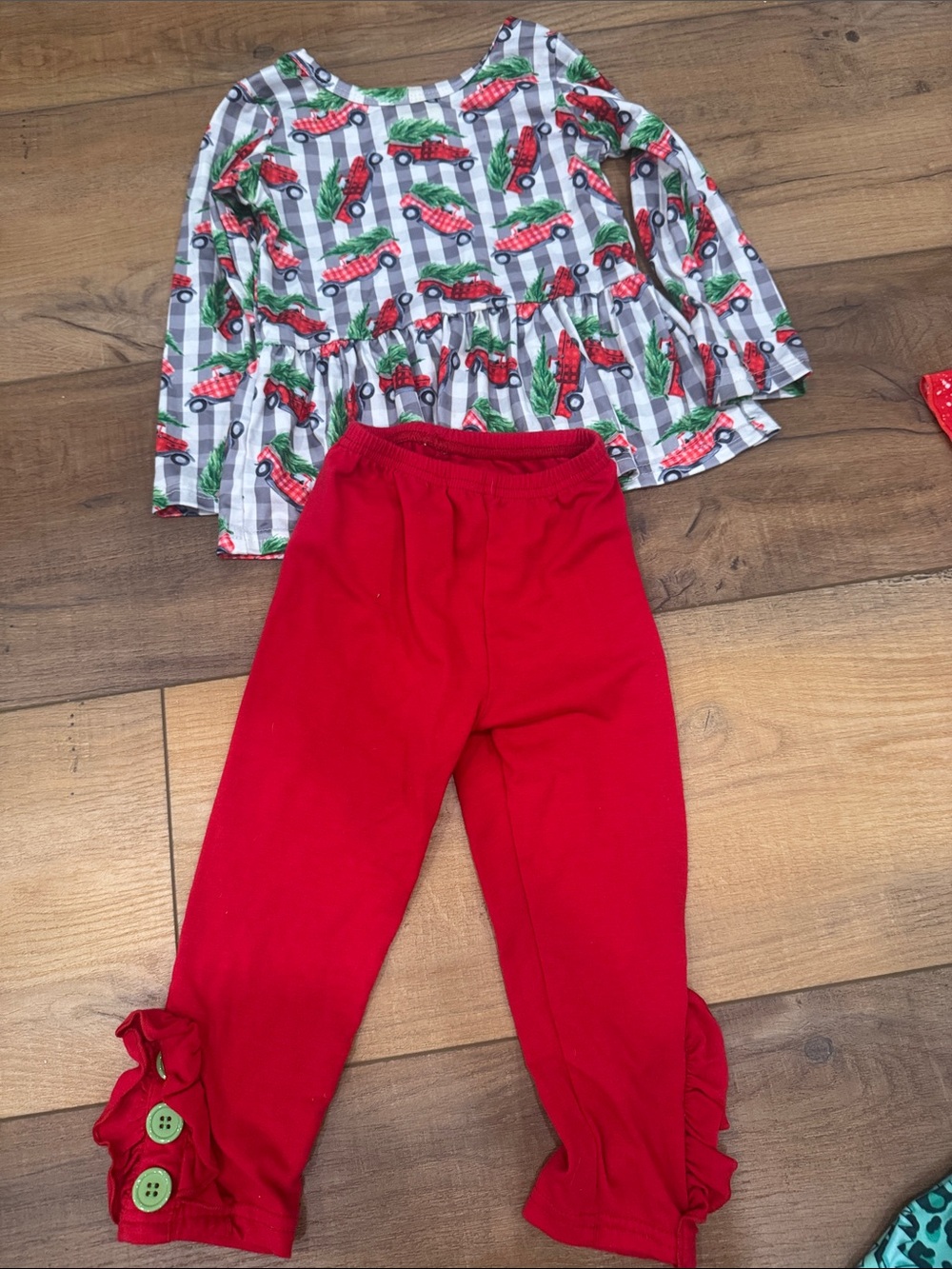 Kids Red Holiday Pajama Set with Festive Truck Print